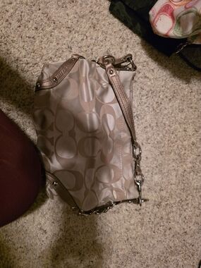Coach Satin Signature Shoulder Bag in Taupe and Metallic Trim